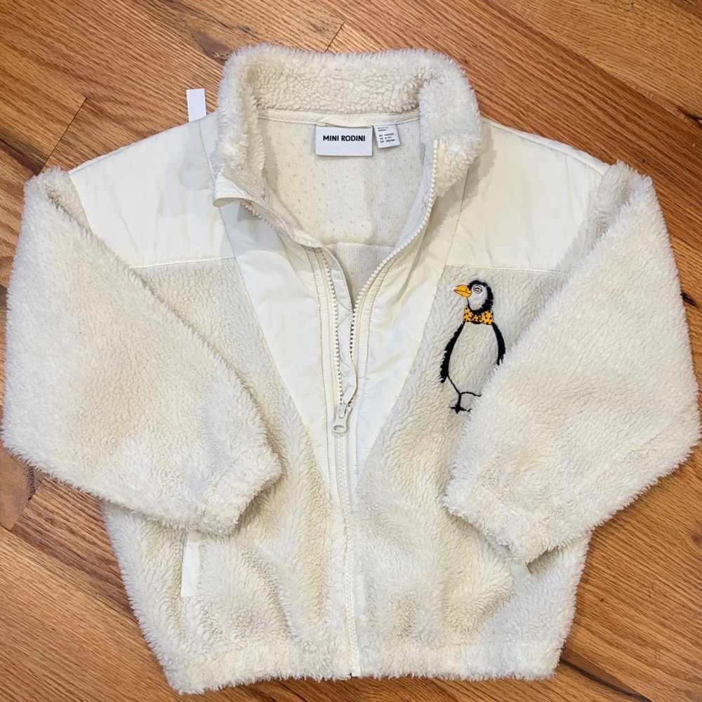 Mini Rodini Off-White Fleece Jacket with Penguin Detail